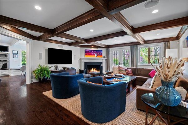 Fireplace, Interior, Living room, Recessed Lighting, Wooden Beams, Wood Texture Flooring