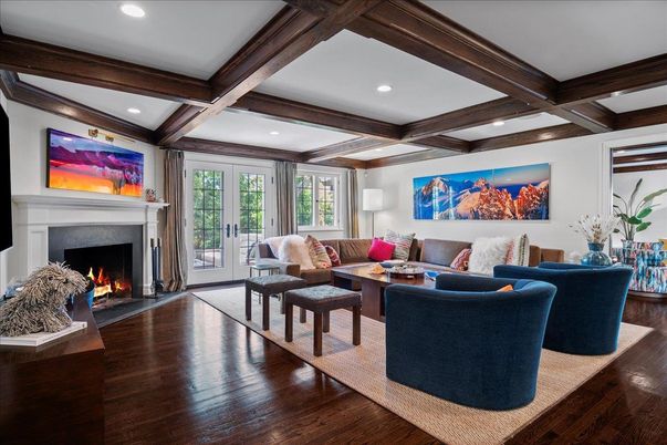 Fireplace, Interior, Living room, Recessed Lighting, Wooden Beams, Wood Texture Flooring