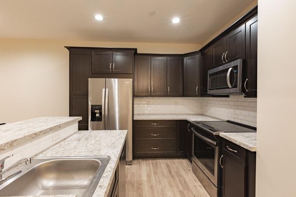 Interior, Kitchen, Recessed Lighting, Stainless Steel Appliances, Wood Texture Flooring