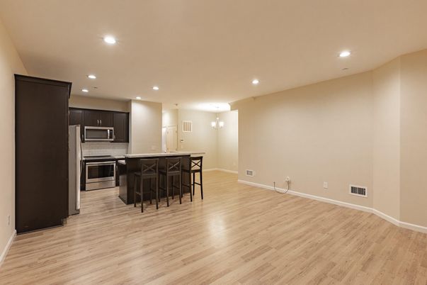 Chandelier, Interior, Kitchen, Recessed Lighting, Stainless Steel Appliances, Wood Texture Flooring
