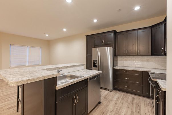 Interior, Kitchen, Recessed Lighting, Stainless Steel Appliances, Wood Texture Flooring