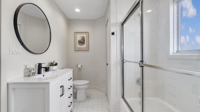 Bathroom, Glass Shower, Interior, Recessed Lighting