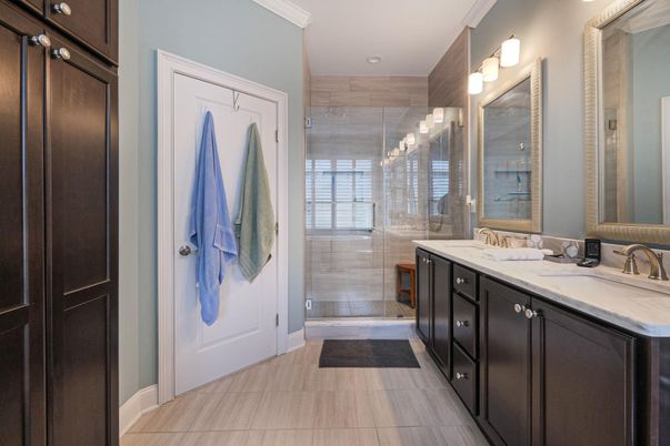 Bathroom, Dual Sink Vanities, Glass Shower, Interior, Recessed Lighting