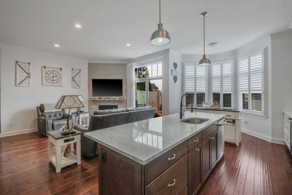 Fireplace, Interior, Kitchen, Living room, Pendant Lights, Recessed Lighting, Stone Walls, Wood Texture Flooring