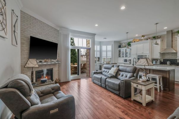 Fireplace, Interior, Kitchen, Living room, Pendant Lights, Recessed Lighting, Stone Walls, Wood Texture Flooring