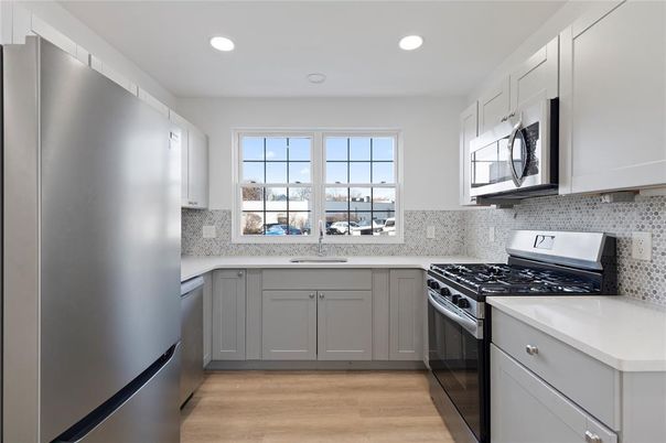 Interior, Kitchen, Recessed Lighting, Stainless Steel Appliances, Wood Texture Flooring