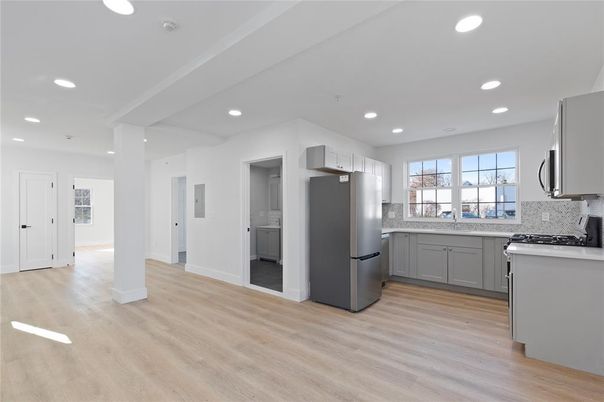 Interior, Kitchen, Recessed Lighting, Stainless Steel Appliances, Wood Texture Flooring