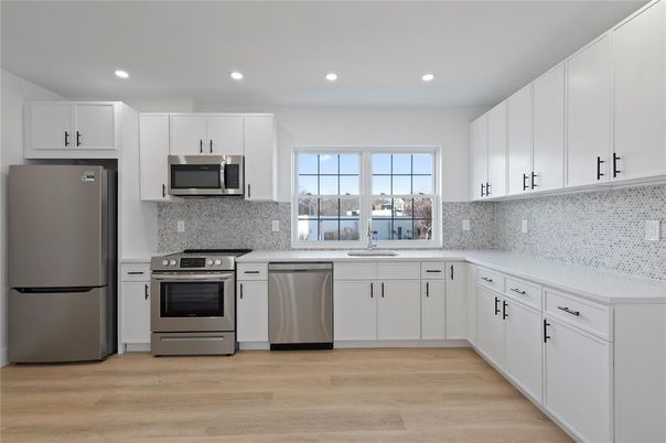 Interior, Kitchen, Recessed Lighting, Stainless Steel Appliances, Wood Texture Flooring
