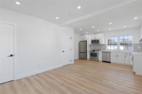 Interior, Kitchen, Recessed Lighting, Stainless Steel Appliances, Wood Texture Flooring