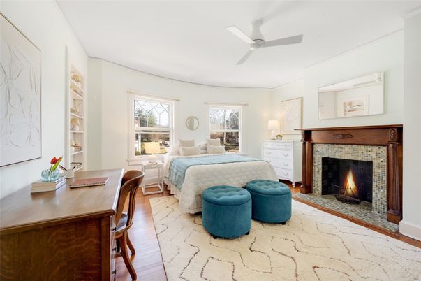 Bedroom, Fireplace, Home Office, Interior, Wood Texture Flooring