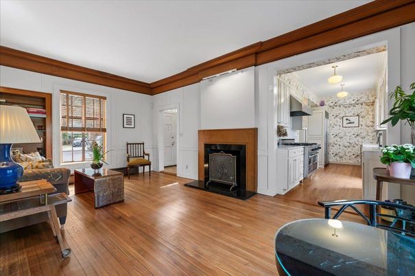 Fireplace, Interior, Kitchen, Living room, Pendant Lights, Wood Texture Flooring