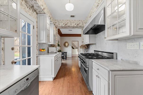 Interior, Kitchen, Pendant Lights, Stainless Steel Appliances, Wood Texture Flooring