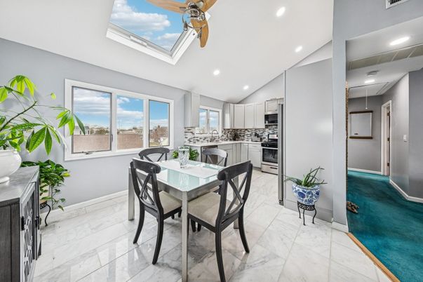 Dining room, Interior, Kitchen, Marble, Recessed Lighting, Stainless Steel Appliances