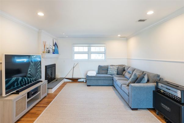 Fireplace, Interior, Living room, Recessed Lighting, Wood Texture Flooring