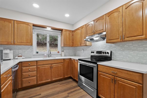 Interior, Kitchen, Recessed Lighting, Stainless Steel Appliances, Wood Texture Flooring