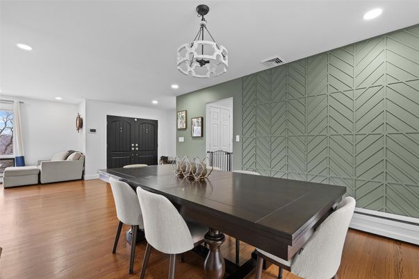 Dining room, Interior, Pendant Lights, Recessed Lighting, Wood Texture Flooring
