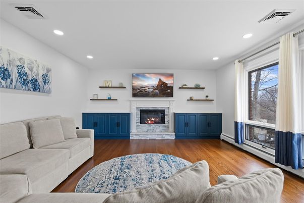 Fireplace, Interior, Living room, Recessed Lighting, Wood Texture Flooring