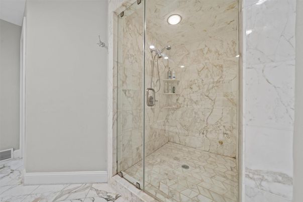 Bathroom, Glass Shower, Interior, Marble, Marble Walls, Recessed Lighting