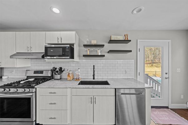 Interior, Kitchen, Recessed Lighting, Stainless Steel Appliances, Wood Texture Flooring