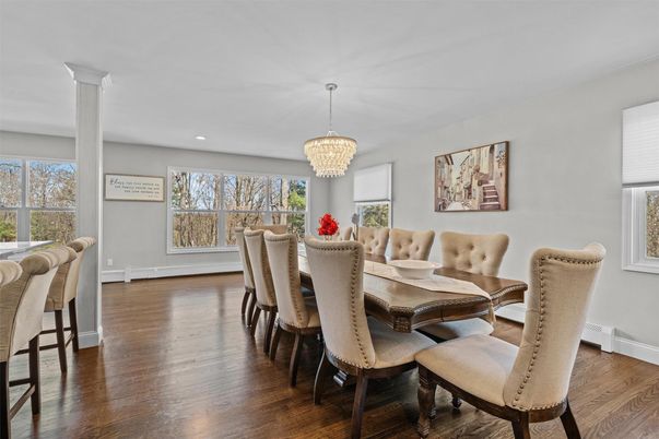 Chandelier, Dining room, Interior, Recessed Lighting, Wood Texture Flooring