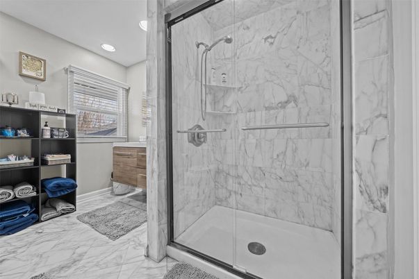 Bathroom, Glass Shower, Interior, Marble, Marble Walls, Recessed Lighting