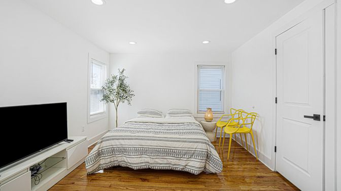Bedroom, Interior, Recessed Lighting, Wood Texture Flooring