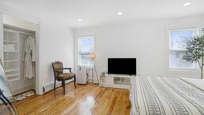 Bedroom, Interior, Recessed Lighting, Wood Texture Flooring