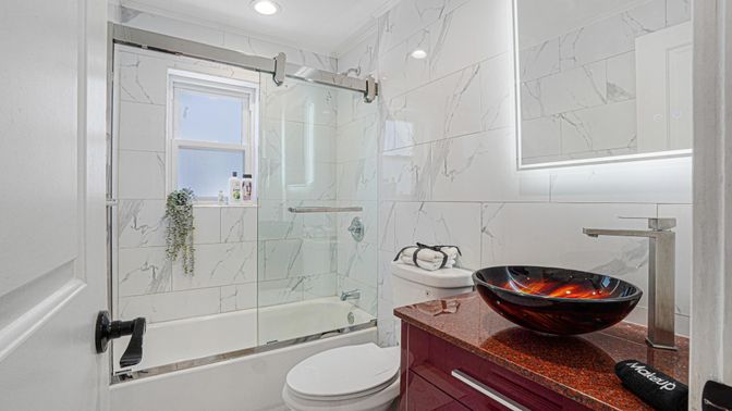 Bathroom, Glass Shower, Interior, Marble Walls, Recessed Lighting