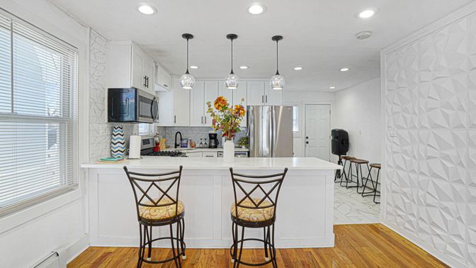 Interior, Kitchen, Pendant Lights, Recessed Lighting, Stainless Steel Appliances, Wood Texture Flooring