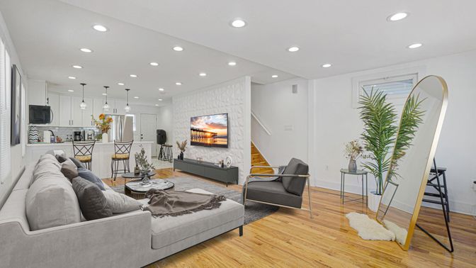 Interior, Kitchen, Living room, Pendant Lights, Recessed Lighting, Wood Texture Flooring