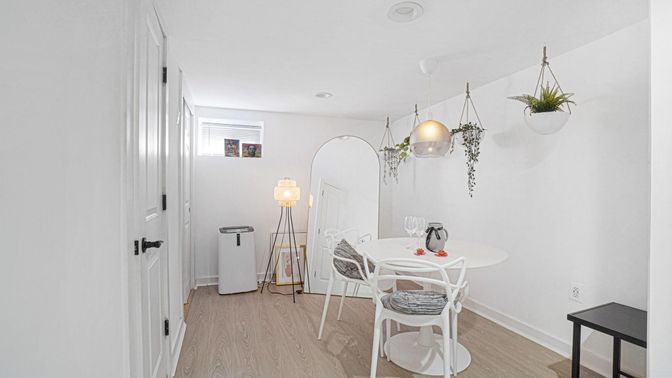 Dining room, Interior, Pendant Lights, Wood Texture Flooring