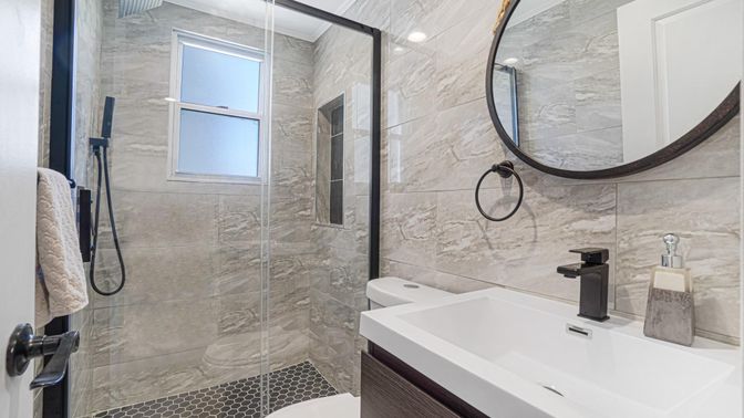 Bathroom, Glass Shower, Interior, Marble Walls