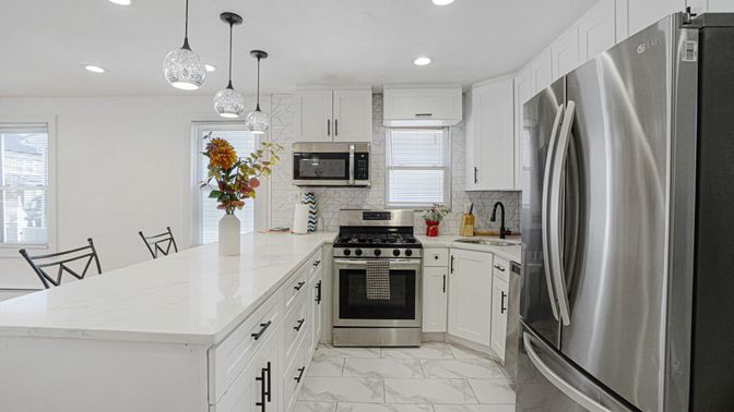 Interior, Kitchen, Marble, Pendant Lights, Recessed Lighting, Stainless Steel Appliances