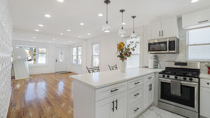 Interior, Kitchen, Pendant Lights, Recessed Lighting, Stainless Steel Appliances, Wood Texture Flooring