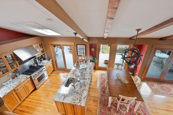 Dining room, Interior, Kitchen, Pendant Lights, Stainless Steel Appliances, Wooden Beams, Wood Texture Flooring