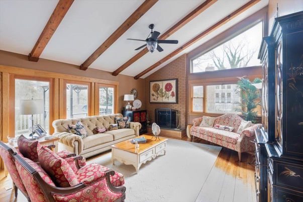 Fireplace, Interior, Living room, Stone Walls, Wooden Beams, Wood Texture Flooring