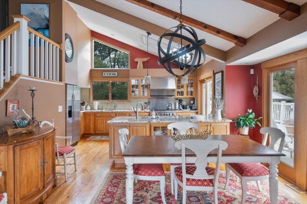 Dining room, Interior, Kitchen, Pendant Lights, Wooden Beams, Wood Texture Flooring