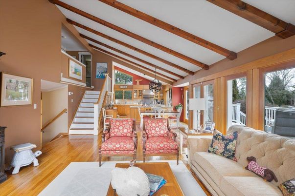 Chandelier, Dining room, Interior, Living room, Pendant Lights, Wooden Beams, Wood Texture Flooring