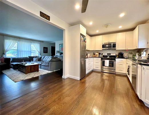 Interior, Kitchen, Living room, Recessed Lighting, Stainless Steel Appliances, Wood Texture Flooring