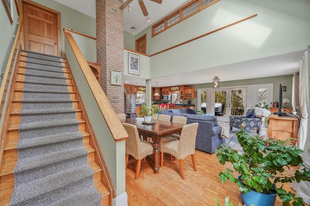 Dining room, Interior, Kitchen, Living room, Recessed Lighting, Wood Texture Flooring