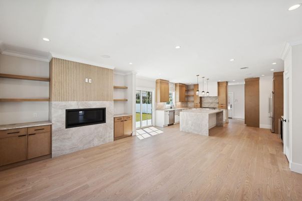 Fireplace, Interior, Kitchen, Pendant Lights, Recessed Lighting, Wood Texture Flooring