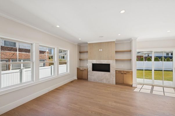 Fireplace, Interior, Recessed Lighting, Wood Texture Flooring