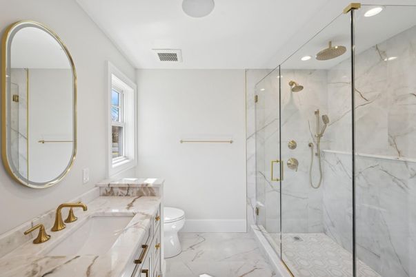 Bathroom, Dual Sink Vanities, Glass Shower, Interior, Marble, Marble Walls, Recessed Lighting