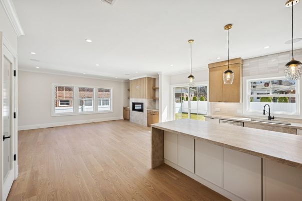 Interior, Kitchen, Pendant Lights, Recessed Lighting, Wood Texture Flooring