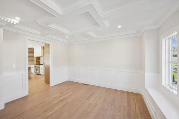 Empty room, Interior, Kitchen, Recessed Lighting, Wood Texture Flooring