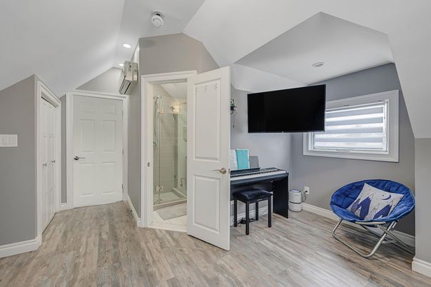 Bathroom, Glass Shower, Interior, Piano, Recessed Lighting, Wood Texture Flooring