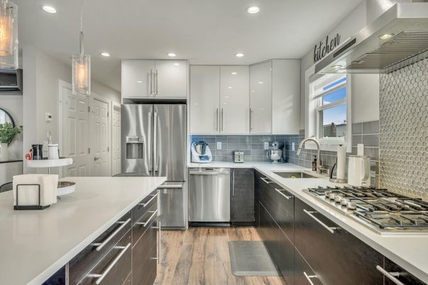 Interior, Kitchen, Pendant Lights, Recessed Lighting, Stainless Steel Appliances, Wood Texture Flooring