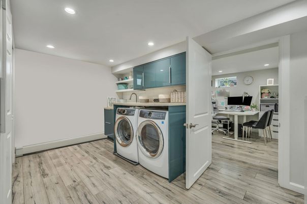 Home Office, Interior, Recessed Lighting, Washer, Wood Texture Flooring