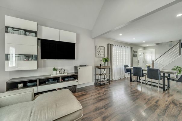 Dining room, Interior, Recessed Lighting, Wood Texture Flooring