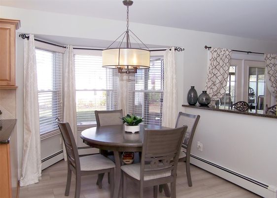 Dining room, Interior, Pendant Lights, Wood Texture Flooring